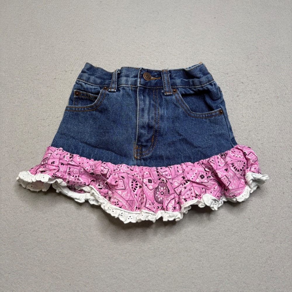 Kiddie Korral Denim Skirt Girls 4 Blue Pink Bandana Ruffle Western Style 15-PINK